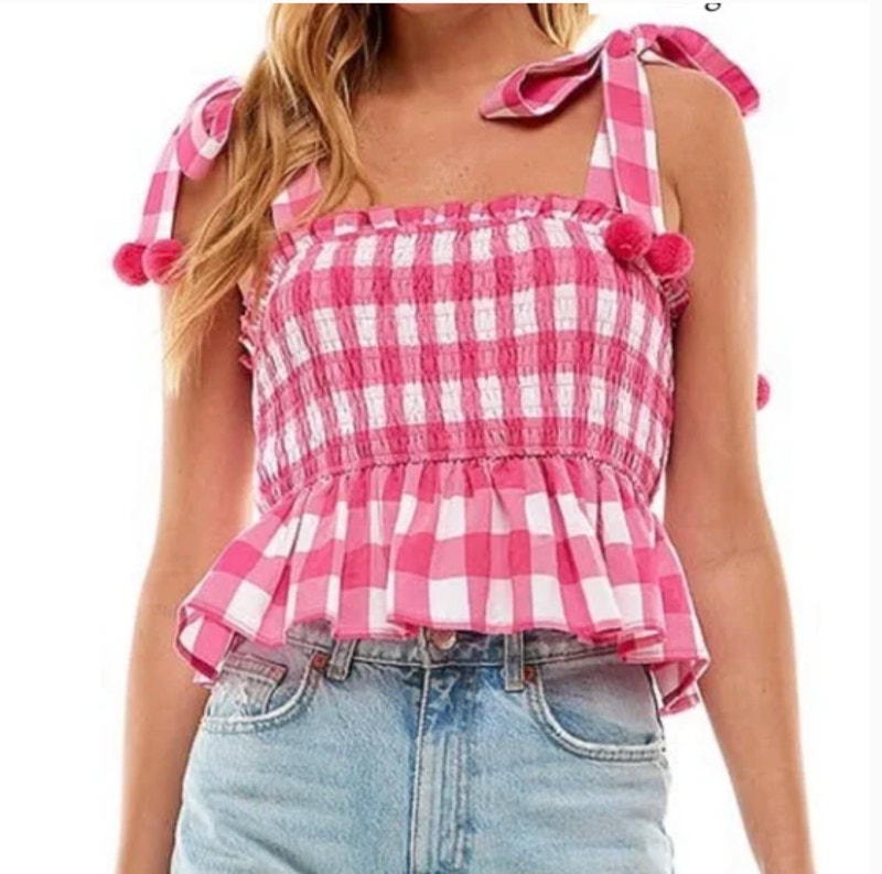 Tcec L New Smocked Peplum Gingham Tank Pom Pom Pink Prairie Festival